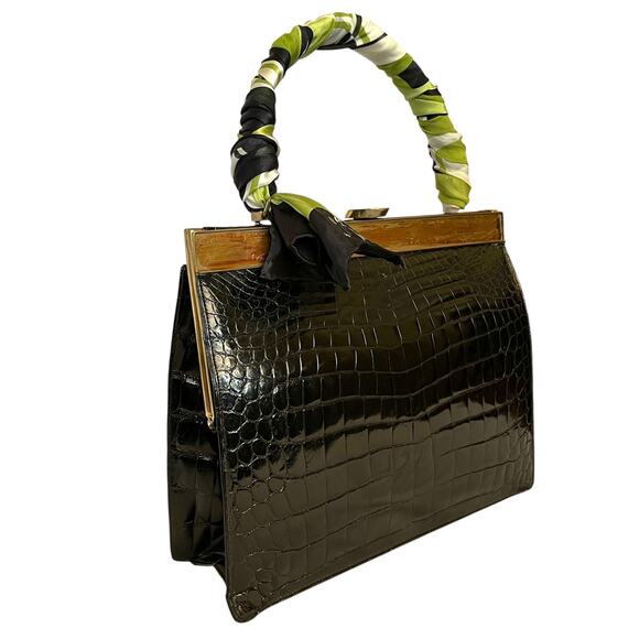 Vintage Genuine Alligator Black Top-Handle Handbag with Oscar de la Renta Scarf - Picture 14 of 14